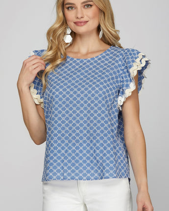 Ruffle Sleeve Top with Ric Rac Trim