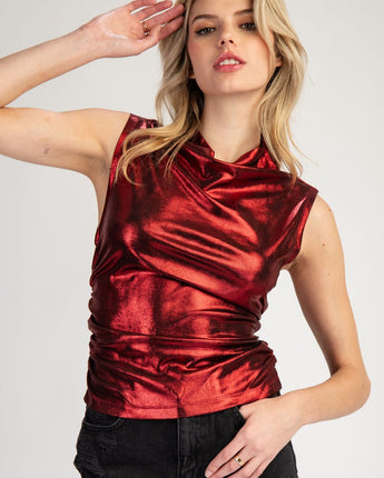 Crimson Metallic Rouched Sleeveless Top