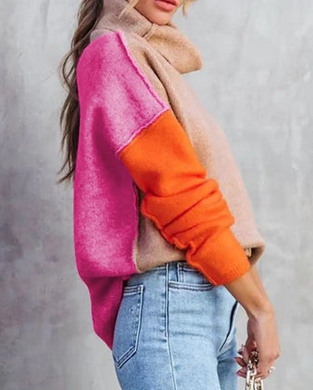 Color Block Turtleneck Drop Shoulder Sweater