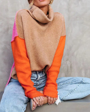 Color Block Turtleneck Drop Shoulder Sweater