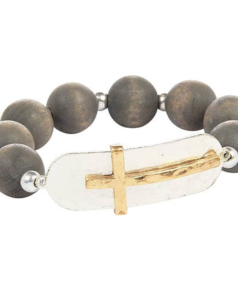 Wood Bead & Hammered Metal Cross Bracelet