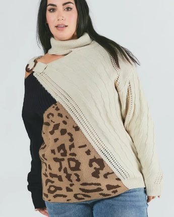 Curvy Turtleneck Leopard Colorblock Sweater