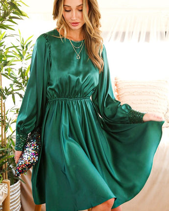 Satin Sequin Puff Sleeve Dress
