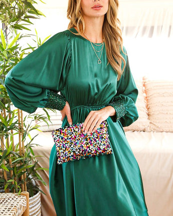 Satin Sequin Puff Sleeve Dress