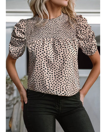 Khaki Leopard Print Smocked Puff Sleeve Blouse