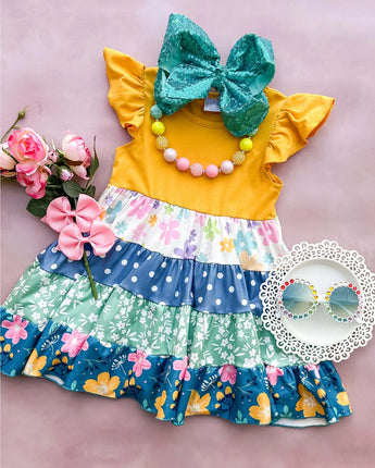 Lemon Yellow Tiered Floral Dress Kids