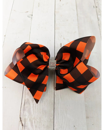 Orange Buffalo Plaid Rhinestone Hair Bow