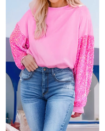 Pink Sequin & Velvet Patchwork Sleeve Sweatshirt