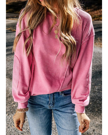 Pink Exposed Seam Waffle Knit Patchwork Sweatshirt