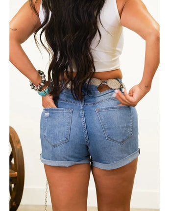 Plus Mid Wash Denim Shorts with Patched Distressing