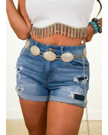 Plus Mid Wash Denim Shorts with Patched Distressing
