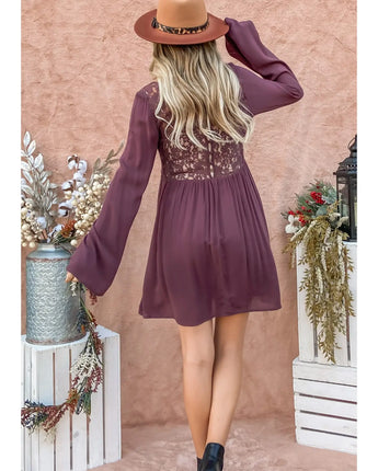 Back Lace Button Down Bell Sleeve Dress