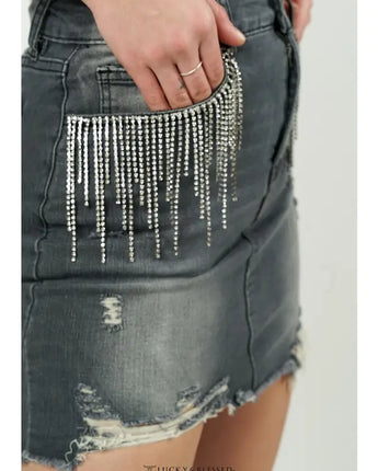 Black Denim Rhinestone Fringe Skirt