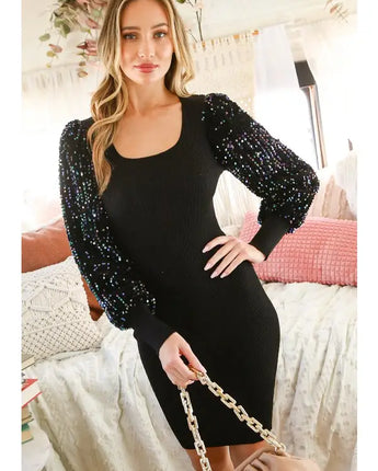 Sequin Puff Sleeve Body Con Dress