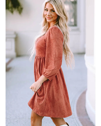 Suede Square Neck Puff Sleeve Dress