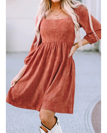 Suede Square Neck Puff Sleeve Dress