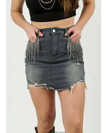 Black Denim Rhinestone Fringe Skirt