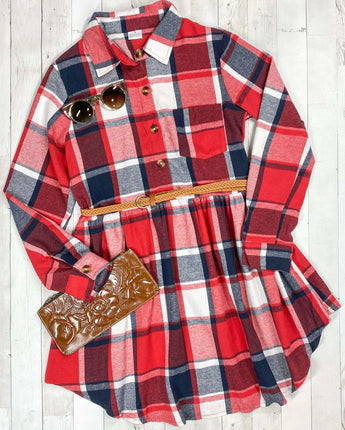 Red & Black Plaid Womens Belted Dress